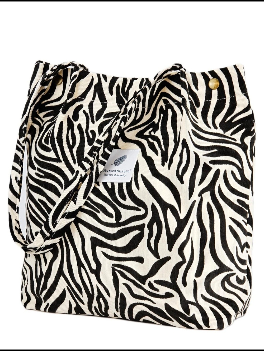 Zebra Corduroy Print Canvas Tote Bag - Black & Cream